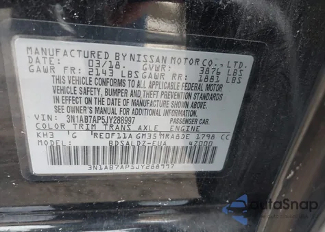 2018 Nissan Sentra Sv from USA, damaged, VIN 3N1AB7AP5JY288997